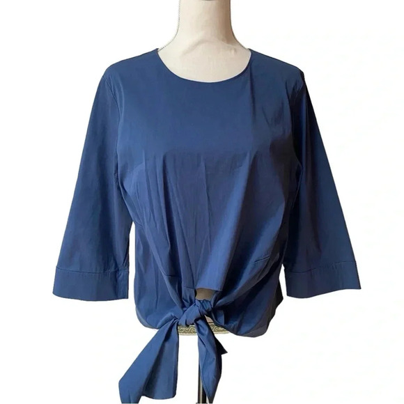 Halogen Blue Tie-Front Top Size Large Petite | 3/4 Sleeve Workwear Blouse - Picture 2 of 14